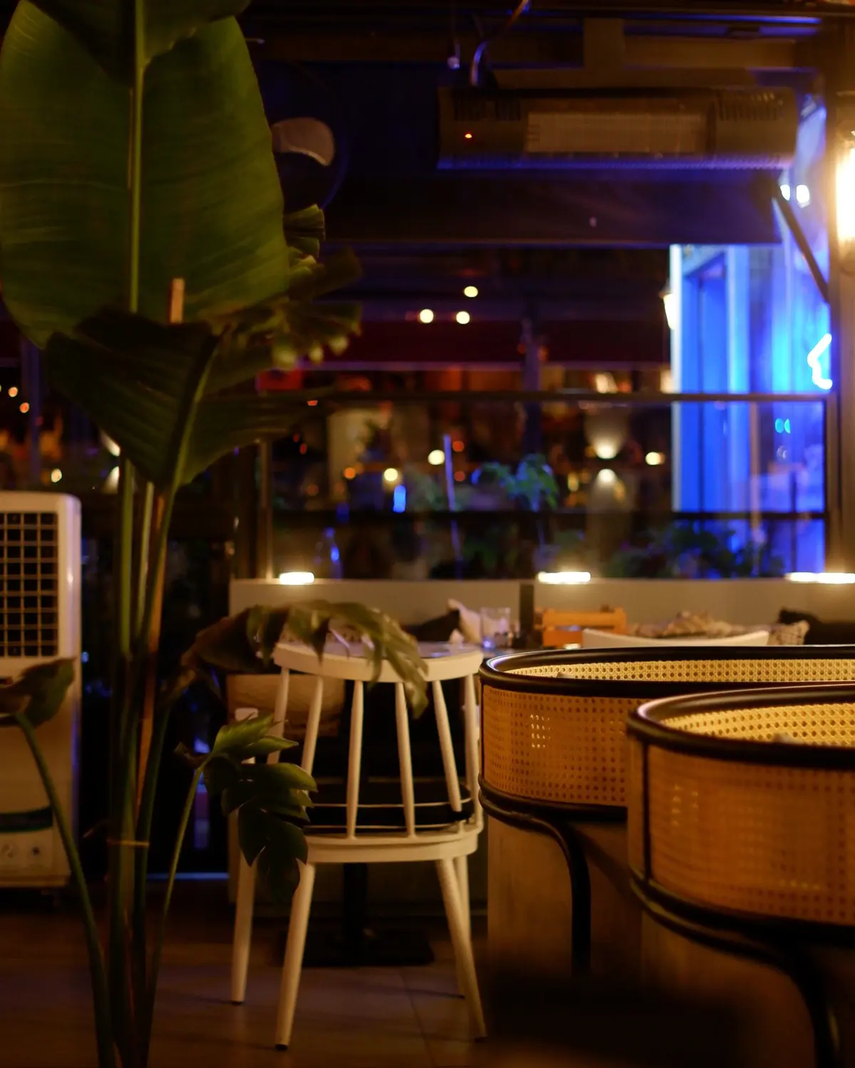 Warmly lit restaurant interior in the evening