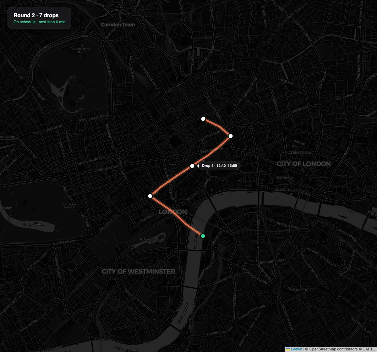 Map showing an optimised multi-drop delivery route